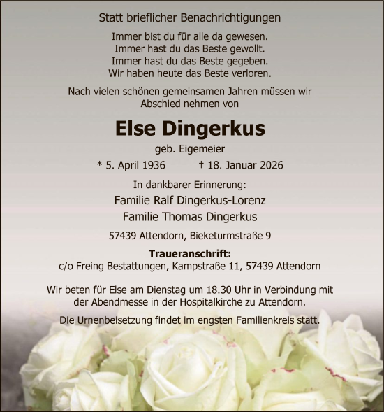 Traueranzeige von Else Dingerkus von HASK