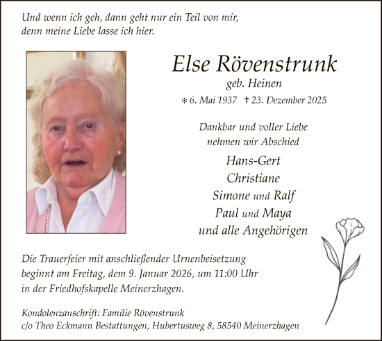 Traueranzeige von Else Rövenstrunk von HALN