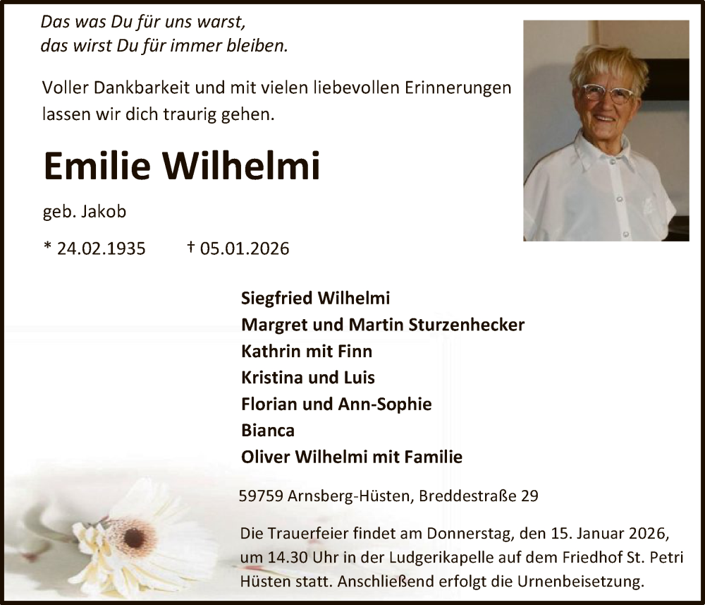  Traueranzeige für Emilie Wilhelmi vom 10.01.2026 aus HASK