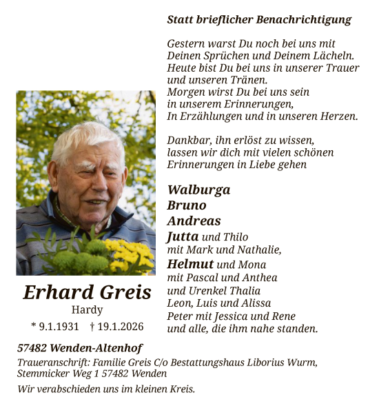 Traueranzeige von Erhard Greis von HASK