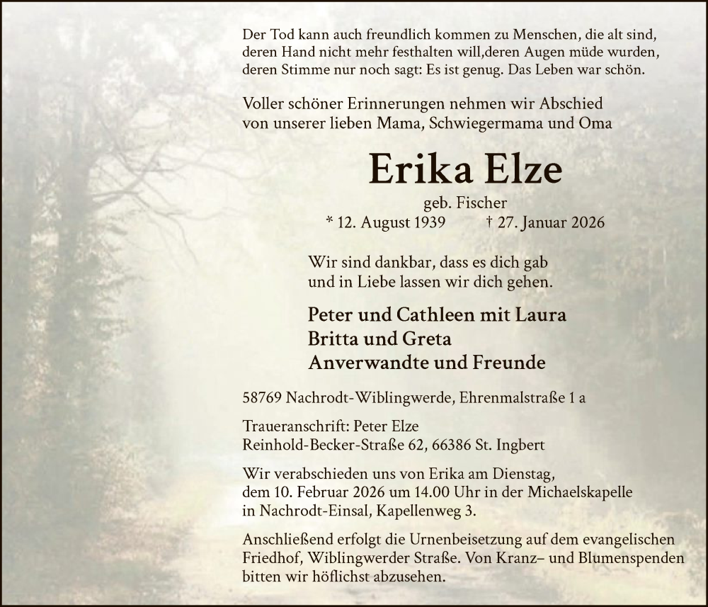  Traueranzeige für Erika Elze vom 31.01.2026 aus HALN