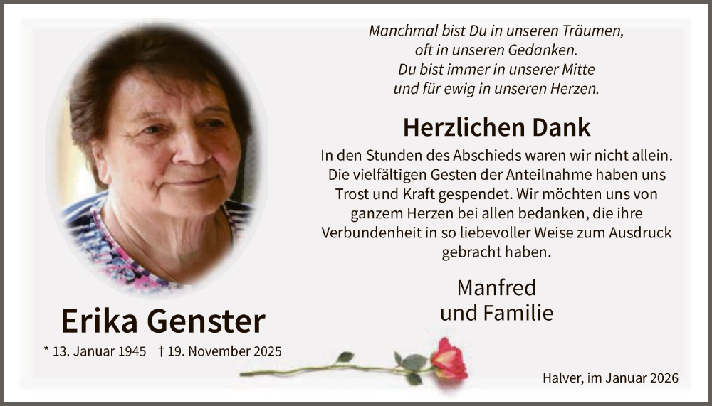  Traueranzeige für Erika Genster vom 31.01.2026 aus HALN
