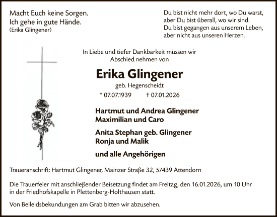 Traueranzeige von Erika Glingener von HALN