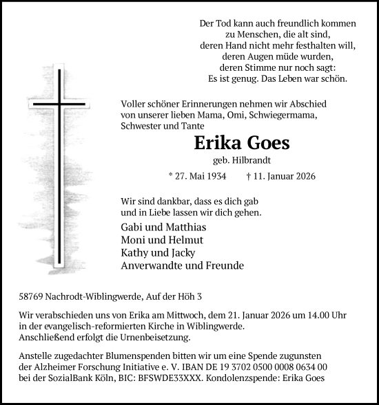 Traueranzeige von Erika Goes von HALN