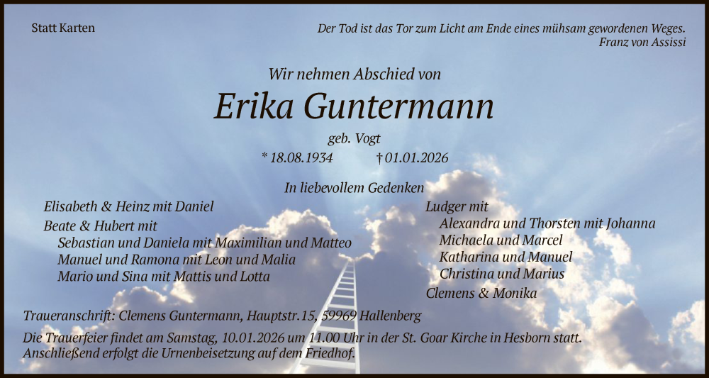 Traueranzeige für Erika Guntermann vom 10.01.2026 aus HASK