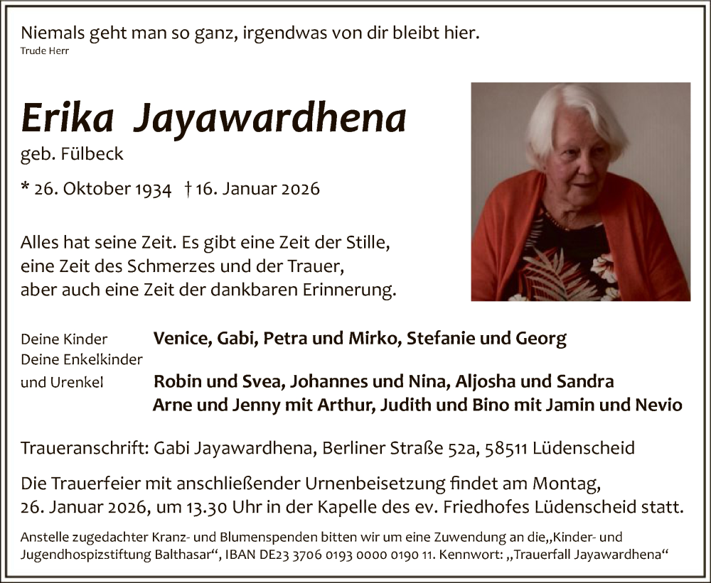  Traueranzeige für Erika Jayawardhena vom 20.01.2026 aus HALN