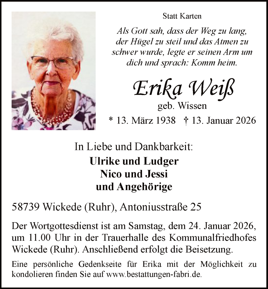  Traueranzeige für Erika Weiß vom 17.01.2026 aus HASO
