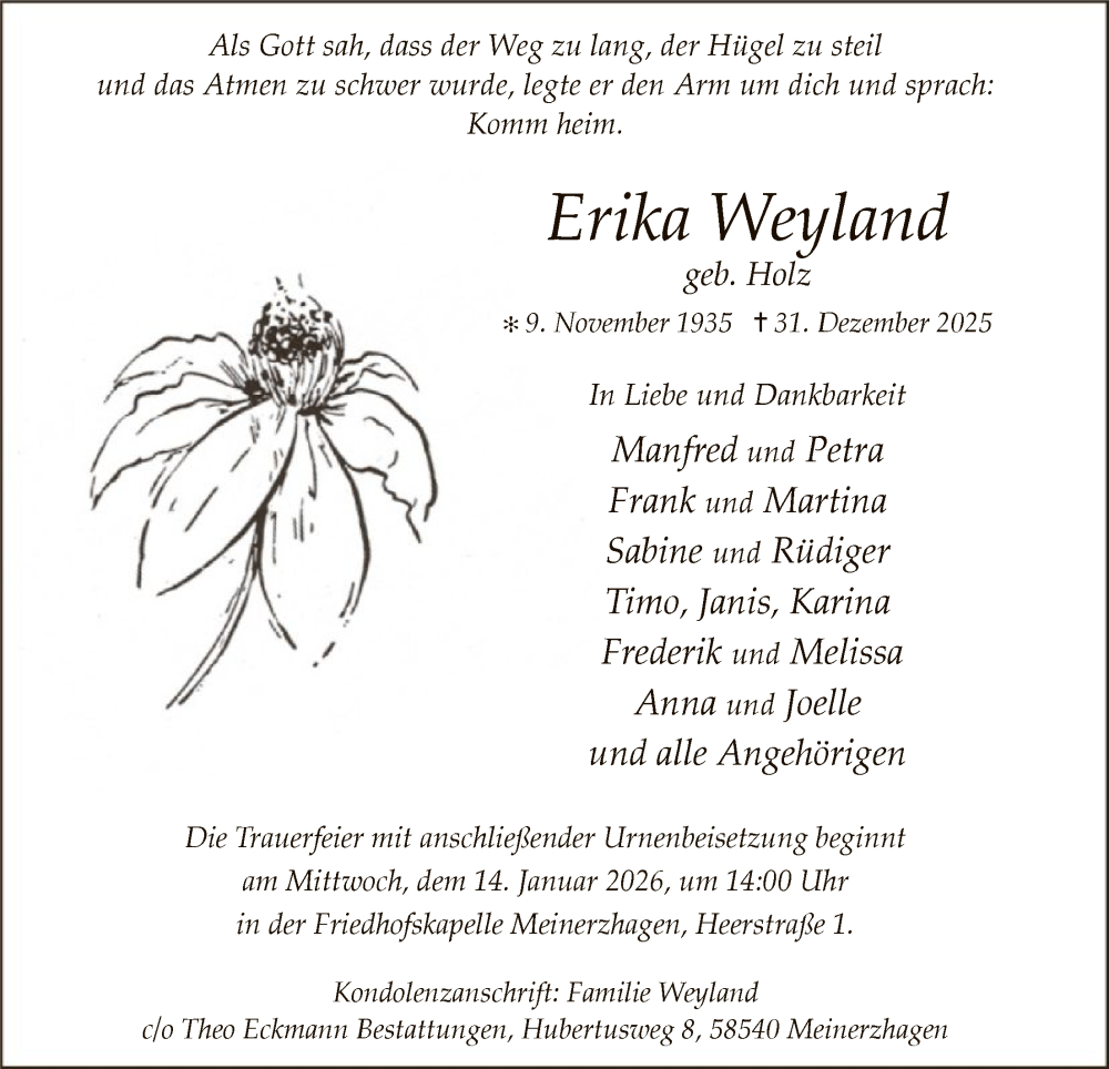  Traueranzeige für Erika Weyland vom 10.01.2026 aus HALN