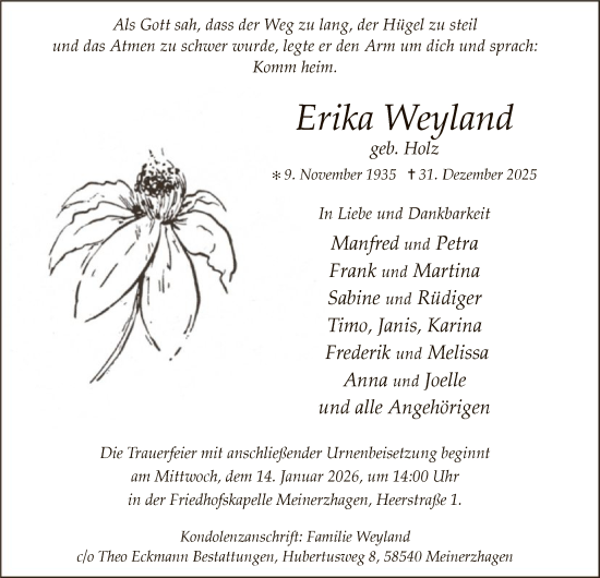 Traueranzeige von Erika Weyland von HALN