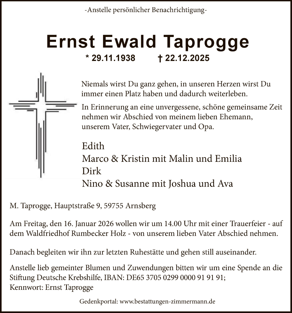  Traueranzeige für Ernst Ewald Taprogge vom 03.01.2026 aus HASK