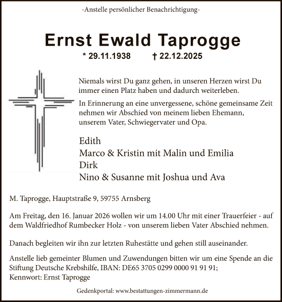 Traueranzeige von Ernst Ewald Taprogge von HASK