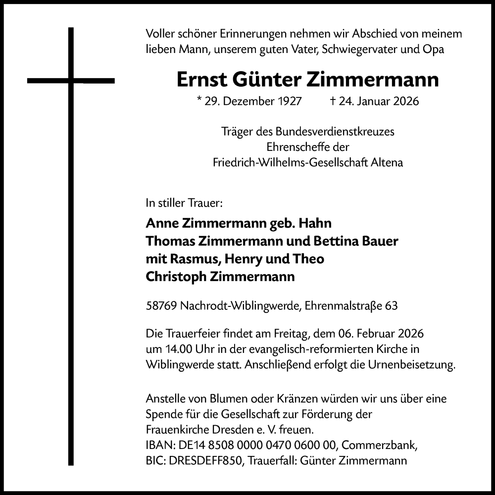  Traueranzeige für Ernst Günter Zimmermann vom 27.01.2026 aus HALN