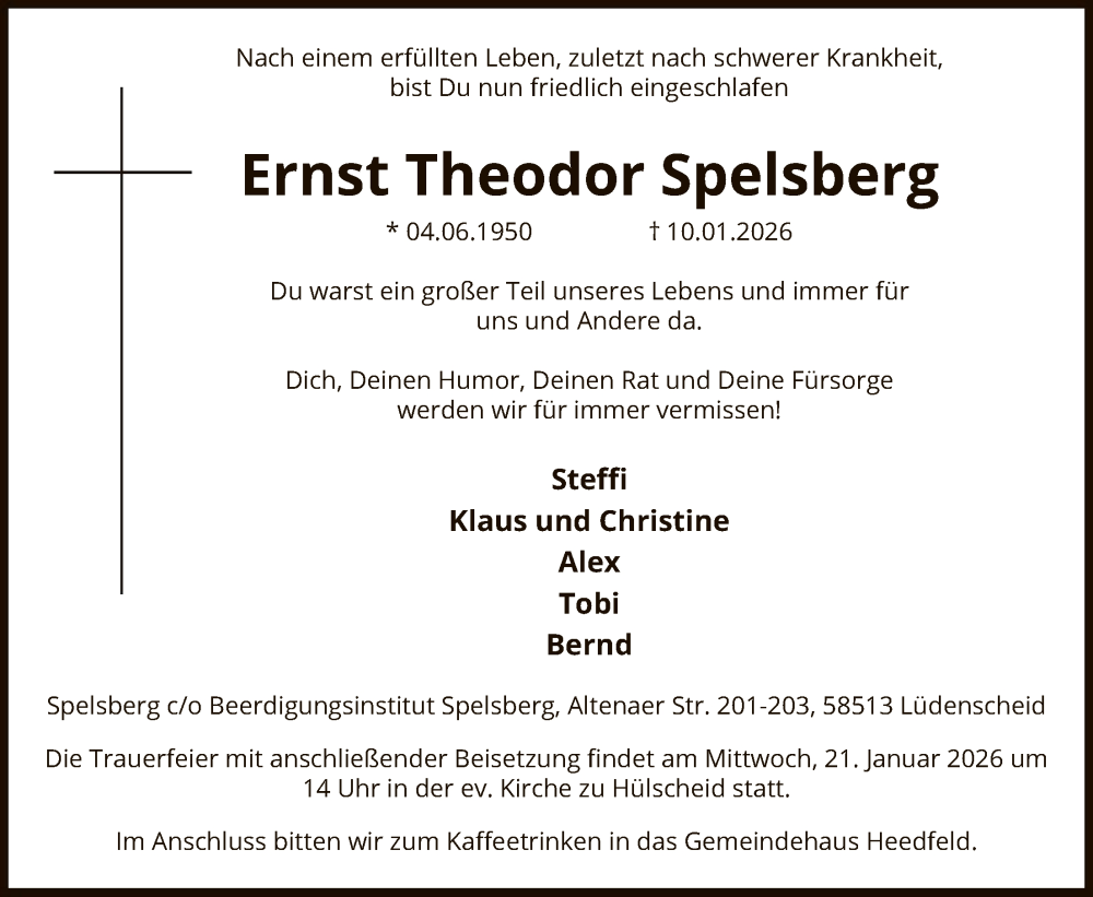  Traueranzeige für Ernst Theodor Spelsberg vom 17.01.2026 aus HALN