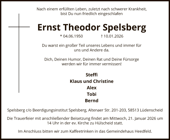 Traueranzeige von Ernst Theodor Spelsberg von HALN
