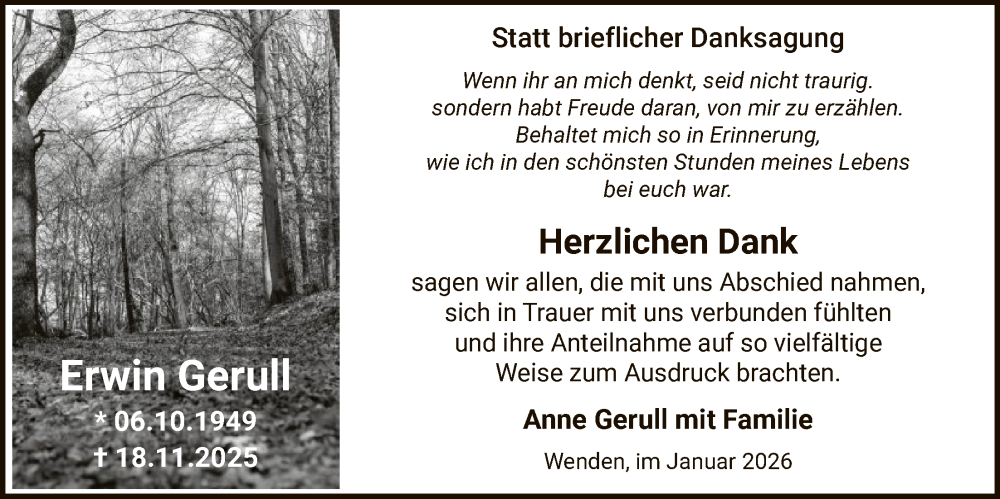  Traueranzeige für Erwin Gerull vom 17.01.2026 aus HASK