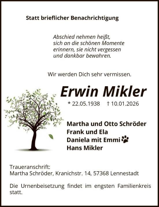 Traueranzeige von Erwin Mikler von HASK