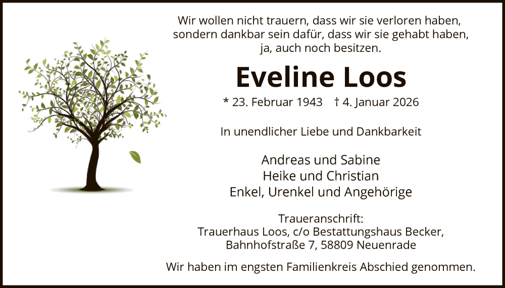  Traueranzeige für Eveline Loos vom 17.01.2026 aus HALN