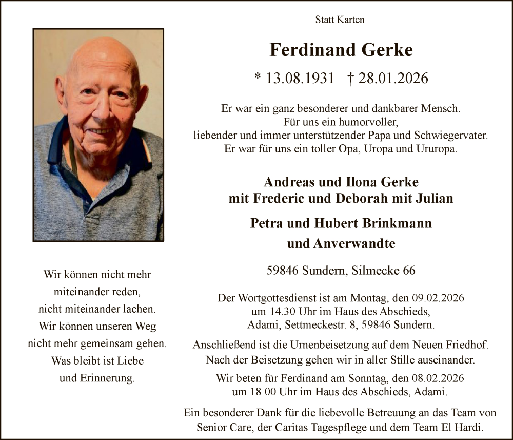  Traueranzeige für Ferdinand Gerke vom 31.01.2026 aus HASK