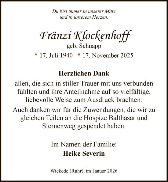 Traueranzeige von Fränzi Klockenhoff von HASO