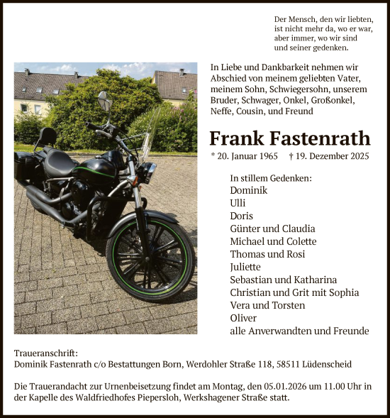 Traueranzeige von Frank Fastenrath von HALN