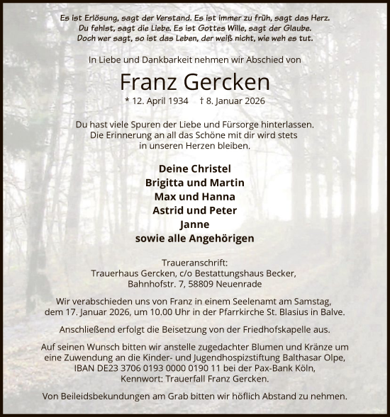 Traueranzeige von Franz Gercken von HALN