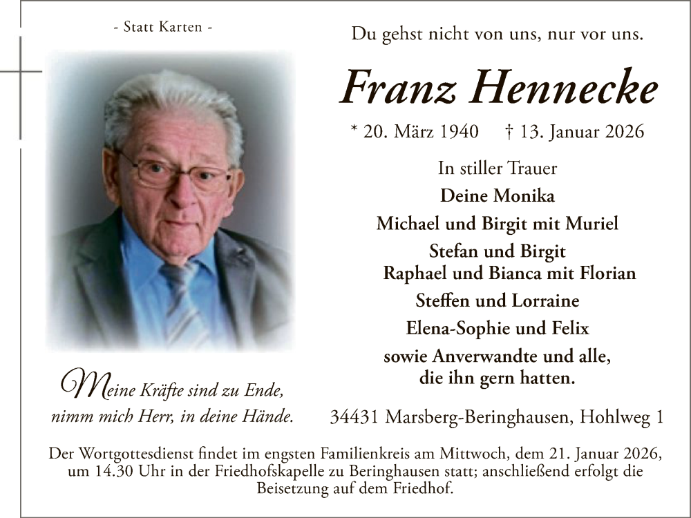  Traueranzeige für Franz Hennecke vom 17.01.2026 aus HASK