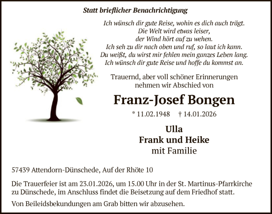 Traueranzeige von Franz-Josef Bongen von HASK