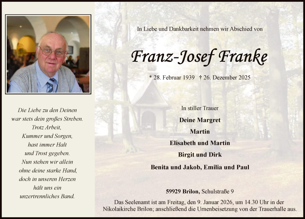  Traueranzeige für Franz-Josef Franke vom 03.01.2026 aus HASK