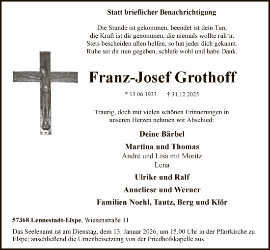 Traueranzeige von Franz-Josef Grothoff von HASK
