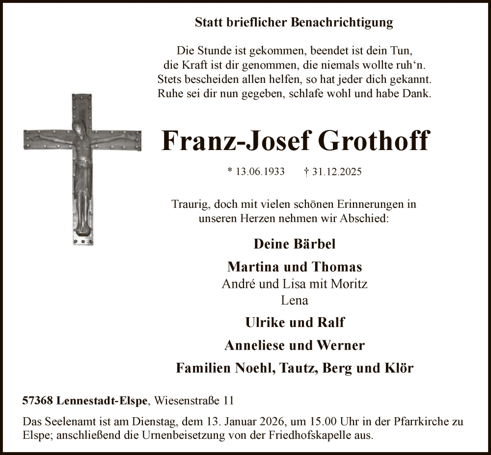  Traueranzeige für Franz-Josef Grothoff vom 10.01.2026 aus HASK