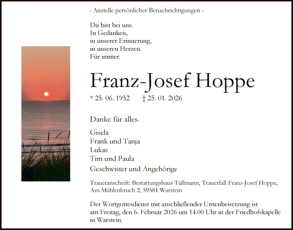  Traueranzeige für Franz-Josef Hoppe vom 31.01.2026 aus HASO