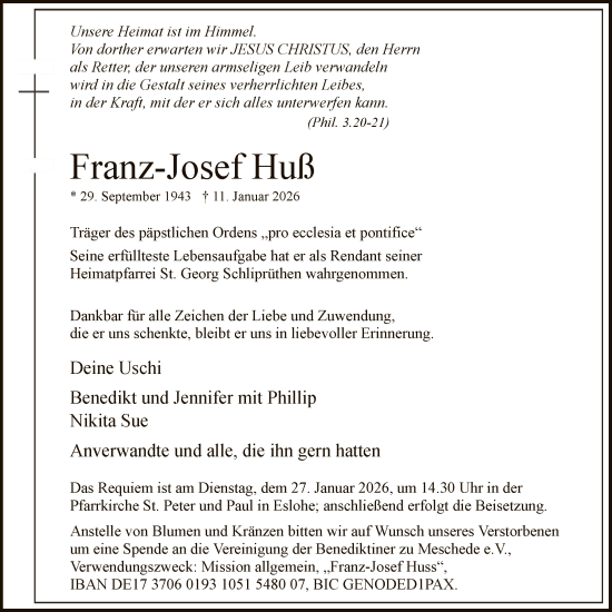 Traueranzeige von Franz-Josef Huß von HASK