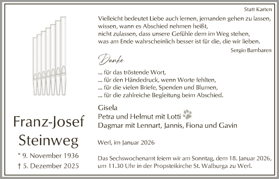 Traueranzeige von Franz-Josef Steinweg von HASO
