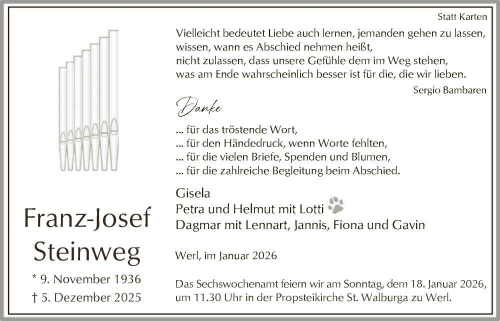  Traueranzeige für Franz-Josef Steinweg vom 10.01.2026 aus HASO