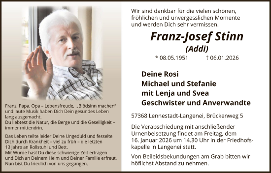 Traueranzeige von Franz-Josef Stinn von HASK