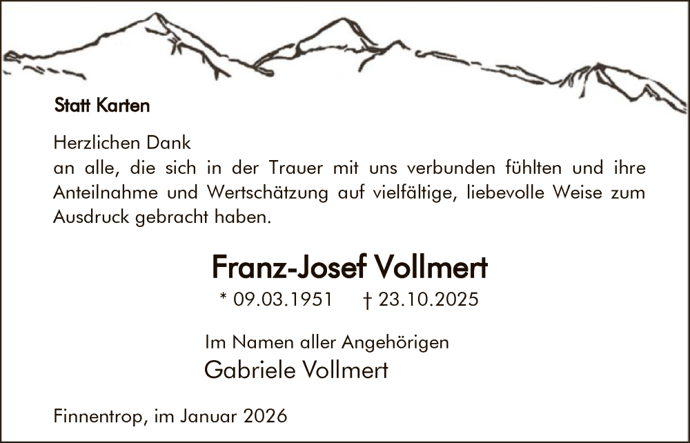  Traueranzeige für Franz-Josef Vollmert vom 17.01.2026 aus HASK