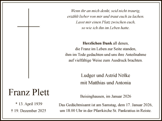 Traueranzeige von Franz Plett von HASK