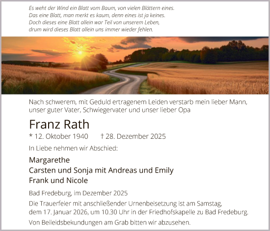 Traueranzeige von Franz Rath von HASK