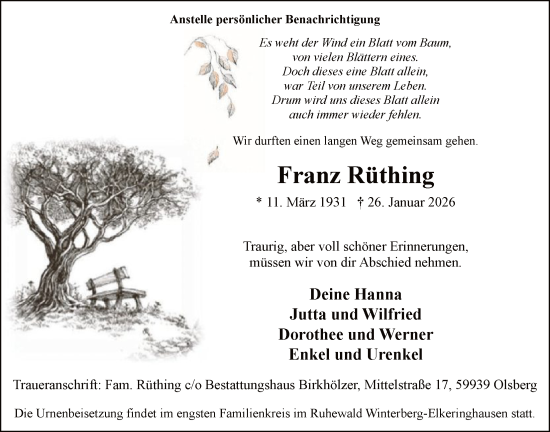 Traueranzeige von Franz Rüthing von HASK