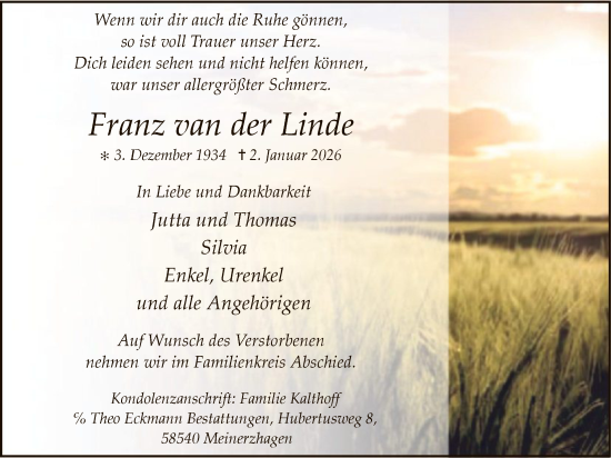 Traueranzeige von Franz van der Linde von HALN