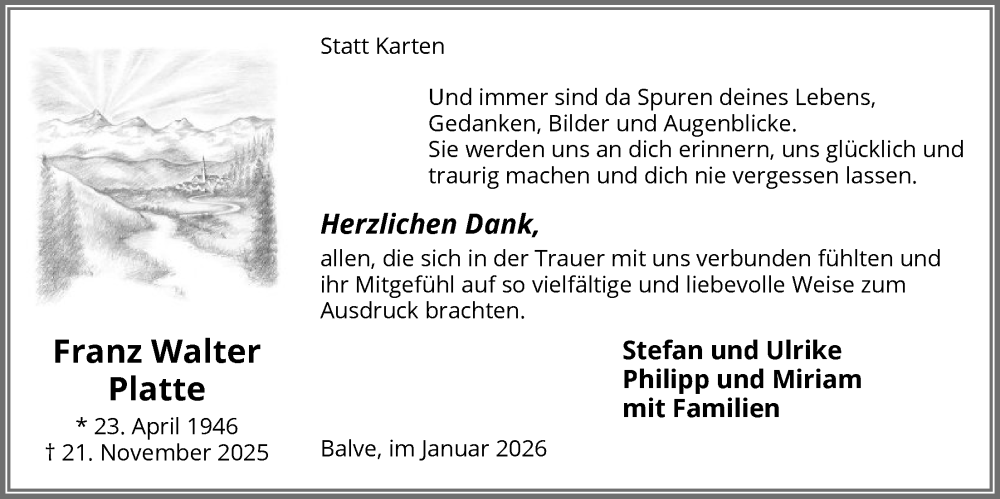  Traueranzeige für Franz Walter Platte vom 31.01.2026 aus HALN
