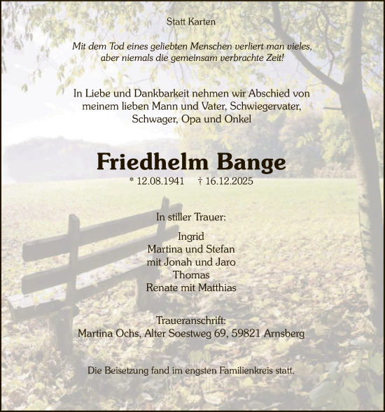 Traueranzeige von Friedhelm Bange von HASK