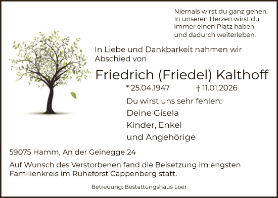 Traueranzeige von Friedrich Kalthoff von HAWA