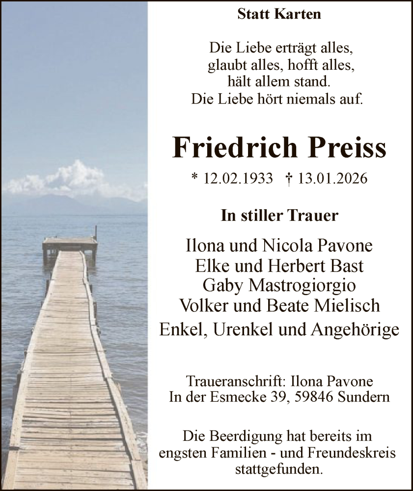  Traueranzeige für Friedrich Preiss vom 17.01.2026 aus HASK