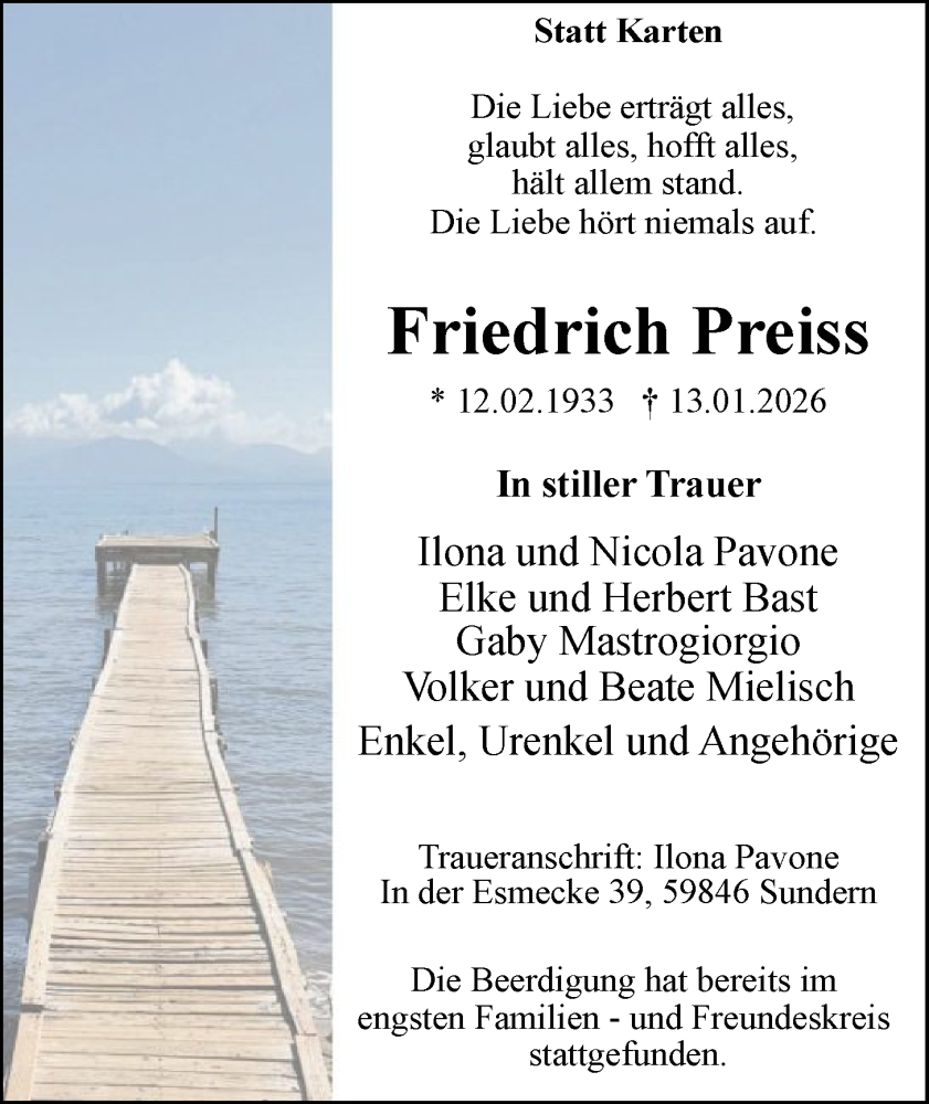  Traueranzeige für Friedrich Preiss vom 17.01.2026 aus HALN