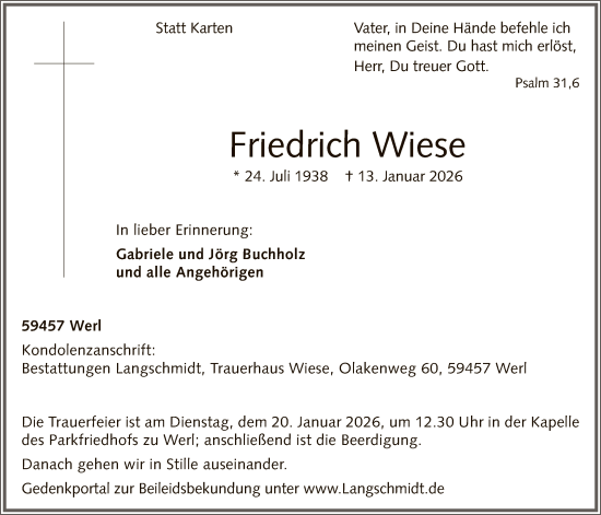 Traueranzeige von Friedrich Wiese von HASO