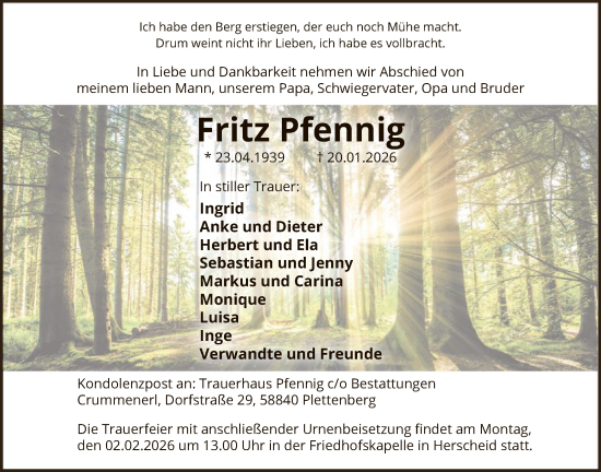 Traueranzeige von Fritz Pfennig von HALN