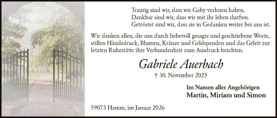 Traueranzeige von Gabriele Auerbach von HAWA