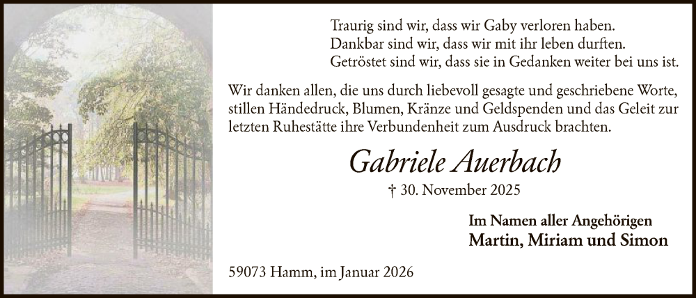  Traueranzeige für Gabriele Auerbach vom 17.01.2026 aus HAWA