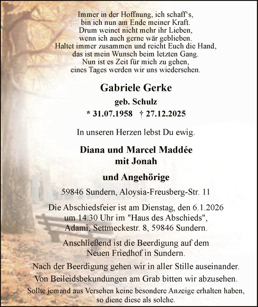  Traueranzeige für Gabriele Gerke vom 03.01.2026 aus HASK